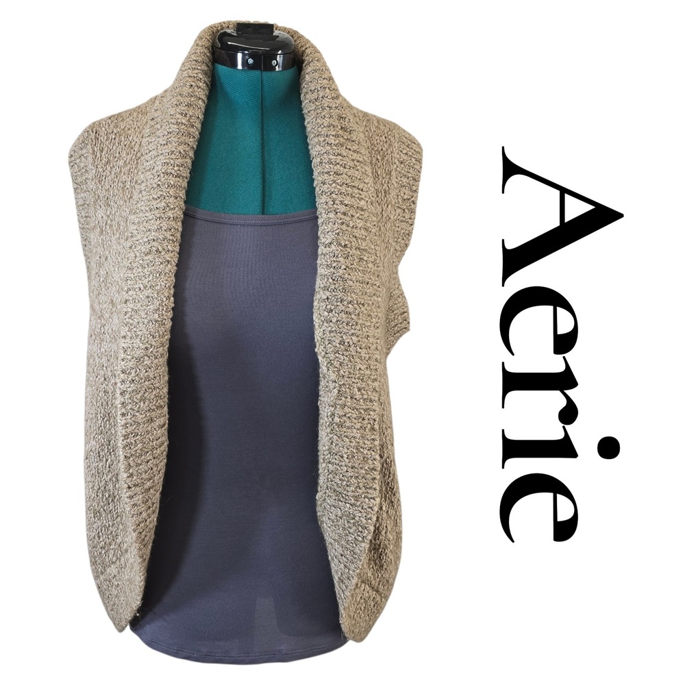 Aerie Womens Tan Marled Knit Open Front Shawl Collar Cardigan Vest Medium